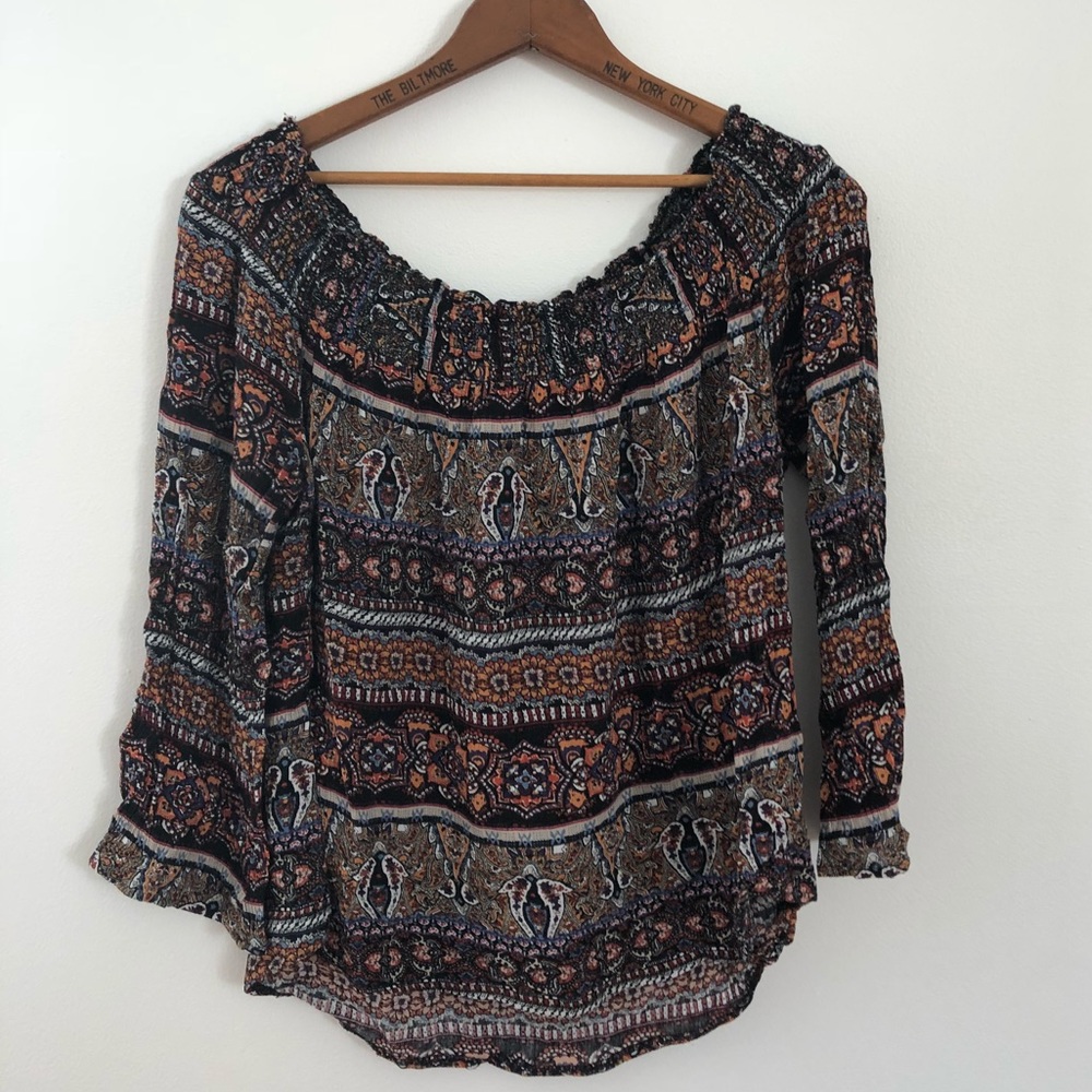 OFF THE SHOULDER FLOWY TOP WITH BELL SLEEVES